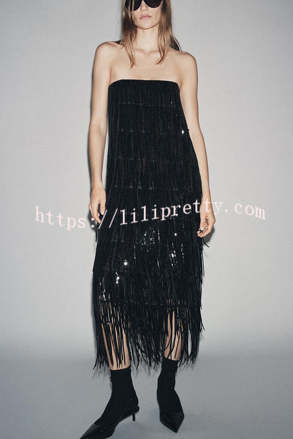 Chic Celebration Layered Sequined Tassels Slip Strapless H-line Midi Dress