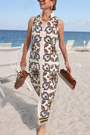 Unique Print Sleeveless Button Resort Midi Dress