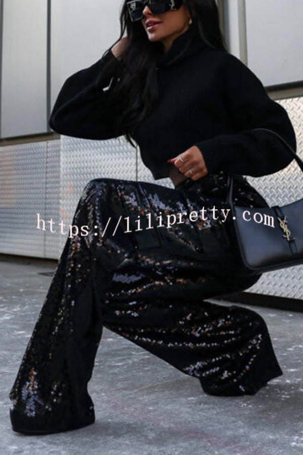 Night Gathering Sequin High Rise Pocketed Wide Leg Cargo Pants