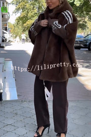 Fashion Sports Stripe Print and Ribbed Embroidered Long Sleeve Zipper Pocket Hooded Plush Coat