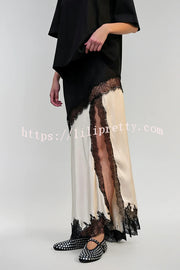 Party Focus Contrast Color Satin Lace Trim Elastic Waist Front Slit Maxi Skirt