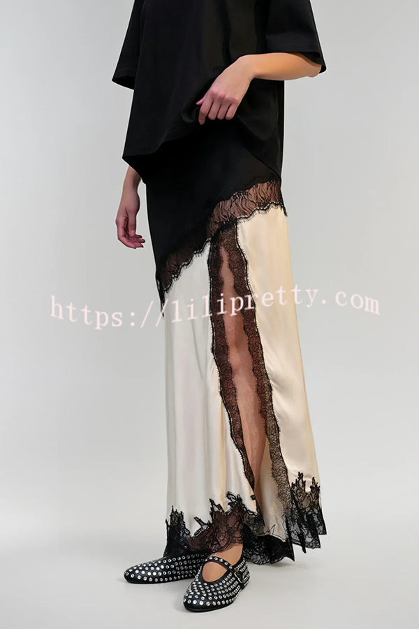 Party Focus Contrast Color Satin Lace Trim Elastic Waist Front Slit Maxi Skirt