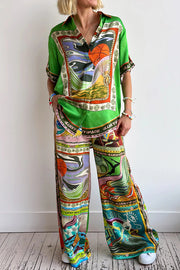 Unique Printed Lapel Short-sleeved Loose Shirt and Elastic Waist Tie Wide-leg Pants Set