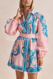 Botanical Print Lapel Puff Sleeve Vintage Belt Loose Mini Dress