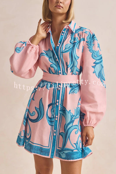 Botanical Print Lapel Puff Sleeve Vintage Belt Loose Mini Dress