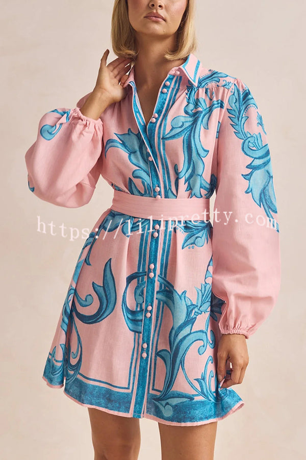 Botanical Print Lapel Puff Sleeve Vintage Belt Loose Mini Dress