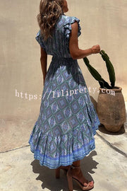 Lilipretty Libby Hippie Boho Printed Tie Front Ruffle Sleeve Smocked Waist Midi Dress