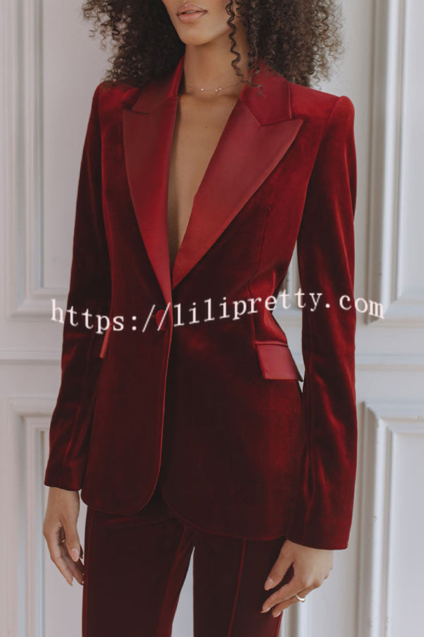 Delicate Daze Velvet Satin Lapel Button Up Long Sleeve Tapered Waist Blazer