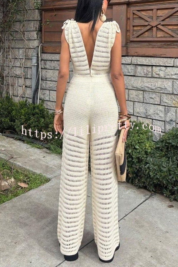 Solid Color Knitted V-neck Holiday Hollow Casual Jumpsuit