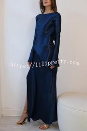 Satin Elegant Long-sleeved Open-back Slim-fit Slit Maxi Dress
