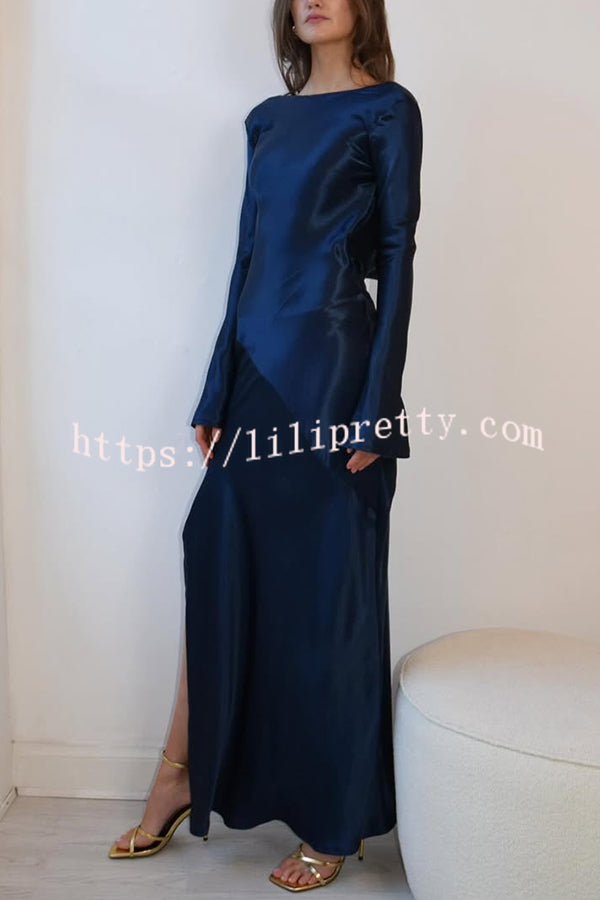 Satin Elegant Long-sleeved Open-back Slim-fit Slit Maxi Dress