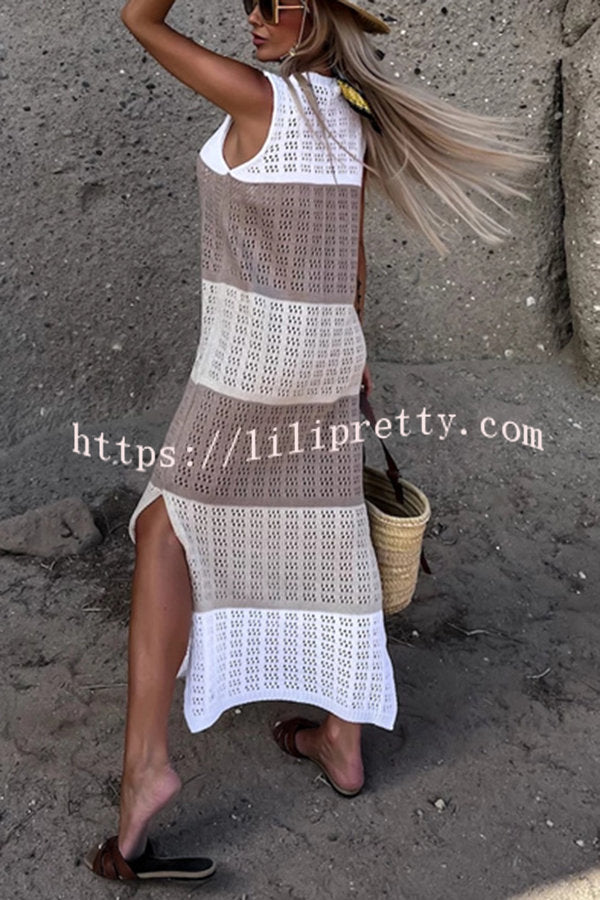 Lilipretty Alive and Free Knit Colorblock Hollow Out Slit Beach Midi Dress