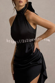 Maureen Satin High Neck Ruched Ruffle Slit Draped Maxi Dress