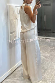 Classic on You Satin High Cowl Neck Top and Elastic Waist Pocket Loose Pants Set