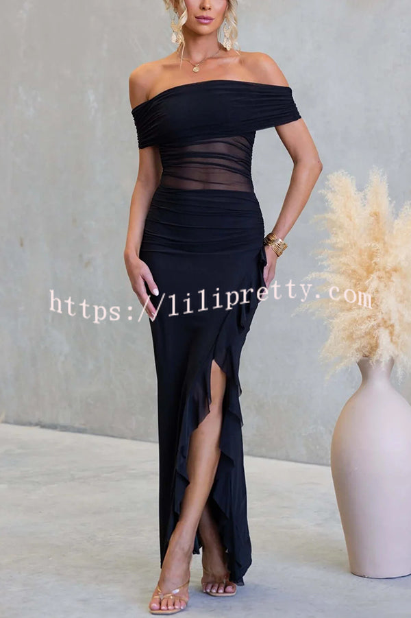 Sexy Mesh Off-shoulder Slim Fit Ruffled Slit Maxi Dress