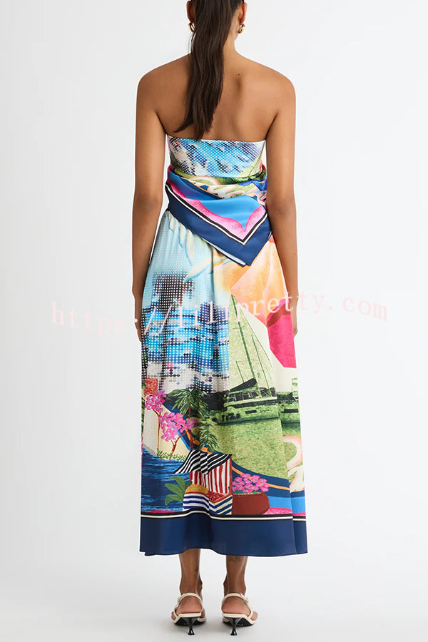 Seaside Holiday Satin Unique Print Knotted Scarf Top and Elastic Waist Loose Maxi Skirt Set