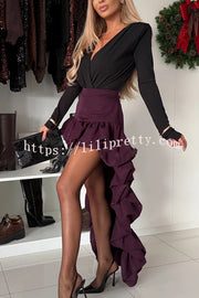 Toast To Midnight Solid Color High Rise Irregular Ruffled High Low Maxi Skirt