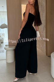 Linen Blend Solid Color Off-the-shoulder Pleated Casual Pocket Wide-leg Jumpsuit