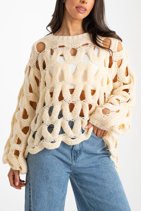 Solid Color Casual Hollow Long-sleeved Holiday Knitted Sweater