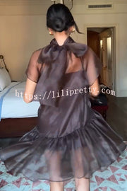 Cocktail Attire Sheer Organza Wide Sleeve Back Bow Layered A-line Mini Dress
