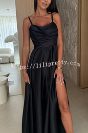 Solid Color Suspender Back Pleated Elegant Slit Full Hem Maxi Dress