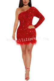 Queen of Gems Sequin Feather Trim One Shoulder Party Mini Dress