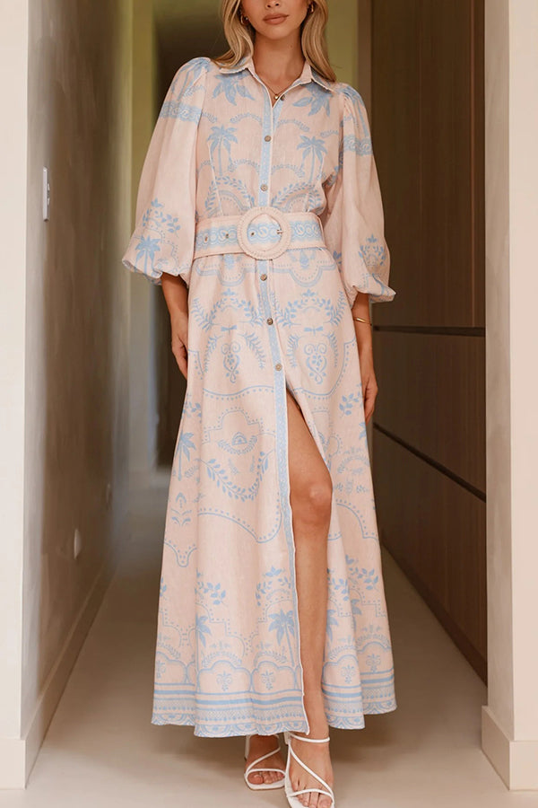 Linen Blend Lapel Puff Sleeve Casual Waist Belted Maxi Dress