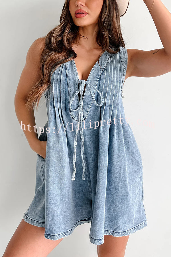 Downtown Daze Denim Pleated Tie-up Pocketed Loose Romper