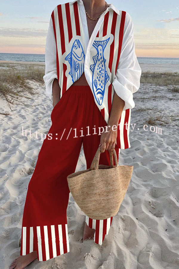 Striped Fish Print Oversized Shirt and Elastic Waist Pocket Pants Set