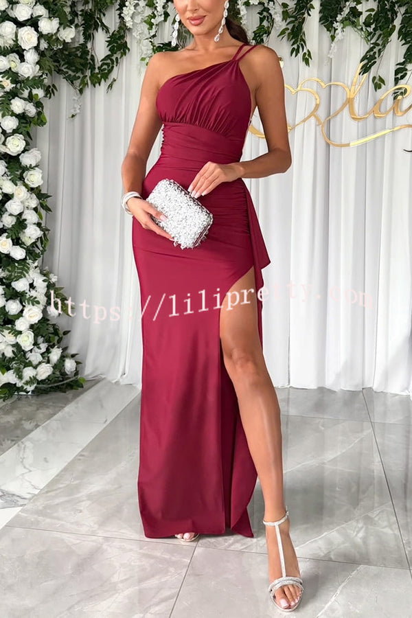 Lilipretty® Party Love One Shoulder Ruched Waist Ruffle Slit Maxi Dress