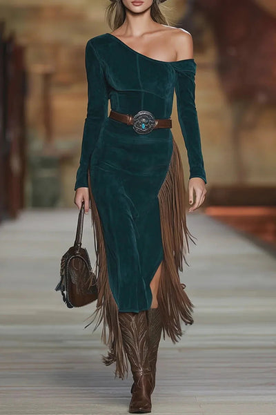 Stylish Slant Collar Long Sleeve Slim Fit Tassel Midi Dress