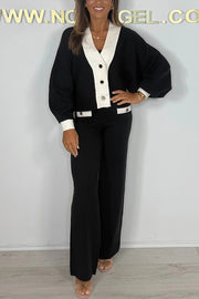 Fashion Contrast Color V-neck Loose Cardigan and Elastic Waist Casual Pants Set