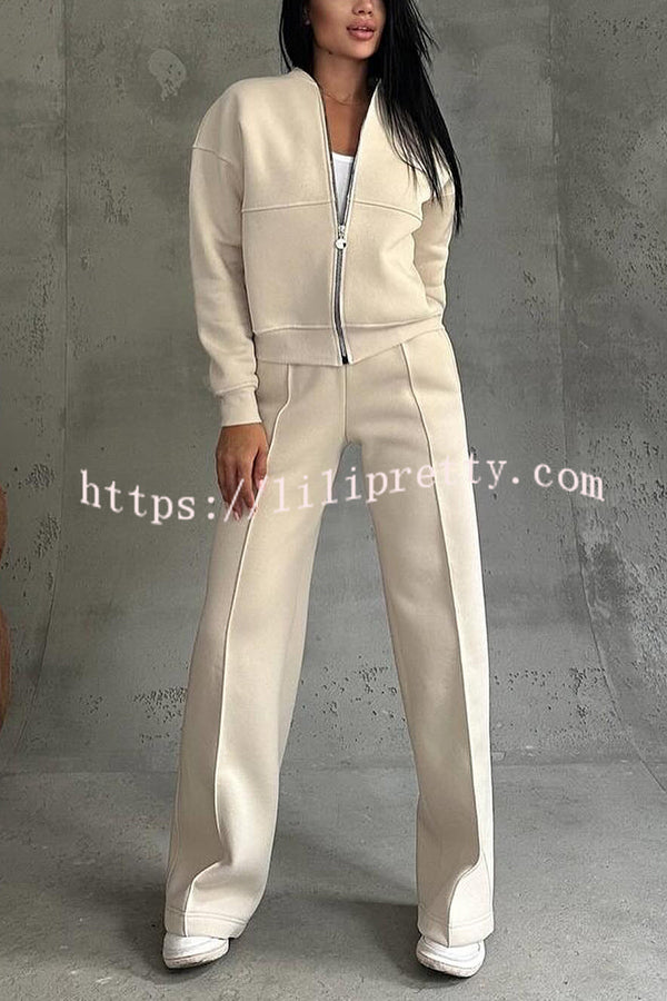 Solid Color Casual Long Sleeve Zipper Jacket and Elastic Waist Pocket Wide Leg Pants Set