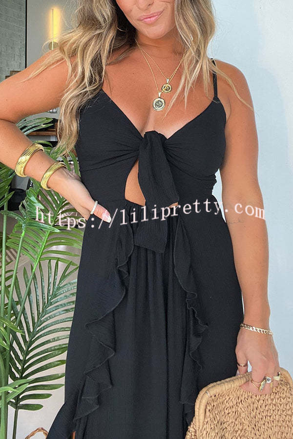 Juney Adjustable Chest Tie Front Ruffles Back Smocked Slit Maxi Dress