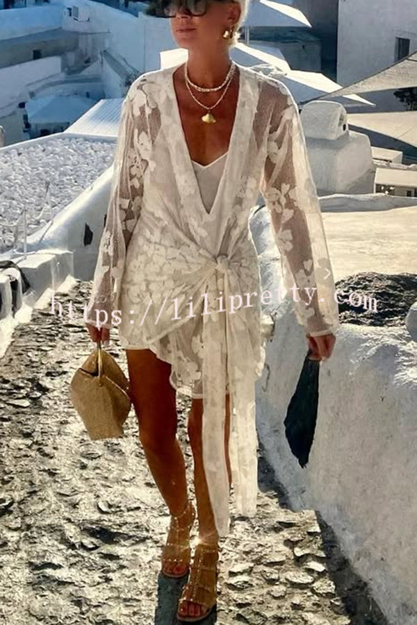 Beach Elegance Floral Lace Long Sleeve Wrap Tie-up Vacation Mini Dress