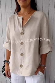 Solid Color V-neck Loose Button Top