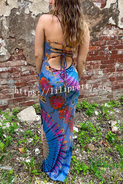 Lilipretty Tuscan Vibes Tie-dye Print Back Lace-up Slit Stretch Maxi Dress