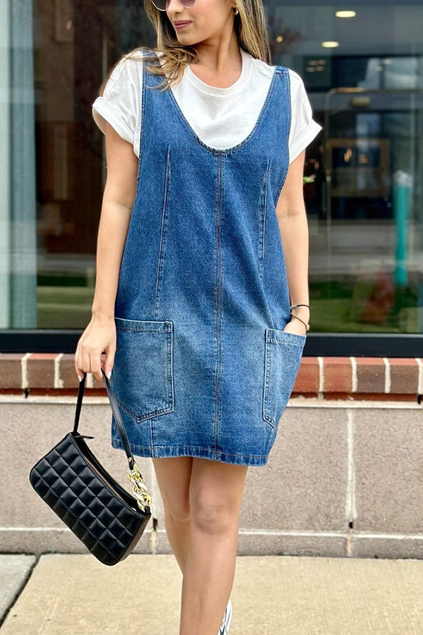 Solid Color Sleeveless V-neck Pocket Adjustable Denim Suspender Mini Dress