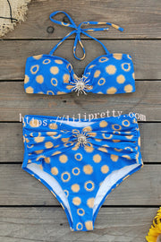 Sun Print Metal Embellishments Stretch Two-piece Bikini Swimsuit