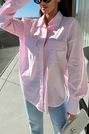 Stripe Print Lapel Long Sleeve Pocket Casual Shirt