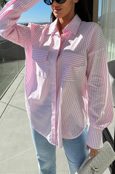 Stripe Print Lapel Long Sleeve Pocket Casual Shirt