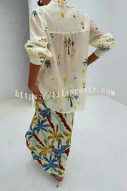 Linen Blend Resort Coconut Palm Print Long Sleeve Lapel Shirt and Elastic Waist Casual Pocket Shorts Set