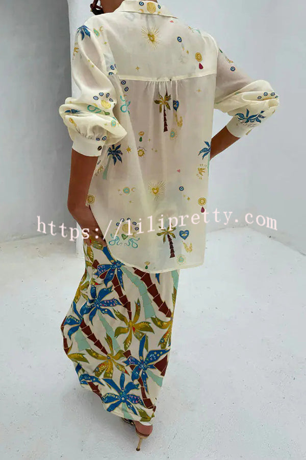 Linen Blend Resort Coconut Palm Print Long Sleeve Lapel Shirt and Elastic Waist Casual Pocket Shorts Set