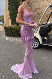 Perfect Night Sequin Embroidery Backless Drape Tulle Hem Slip Maxi Dress