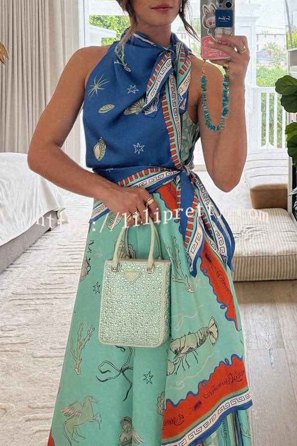 Surrealist Summer Satin Unique Print Tie-up Details Layered Hem Scarf Maxi Dress
