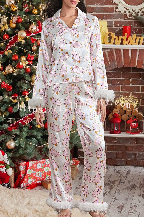 Christmas Print Feather Trim Elastic Waist Pocket Pajama Set