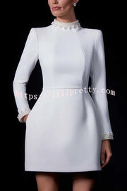 Lovers Kiss Pearl Trim High Neck Long Sleeve Pocketed Tulip Mini Dress