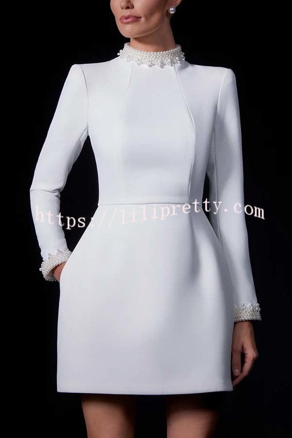 Lovers Kiss Pearl Trim High Neck Long Sleeve Pocketed Tulip Mini Dress
