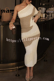 Soft Autumn Knit Colorblock One Shoulder Sleeve Ribbed Trim Loose Sweater