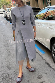 Jollie Knit Long Sleeve Front Slit Midi Sweater and Pleated Tulle Stretch Tank Midi Dress Two-piece Set